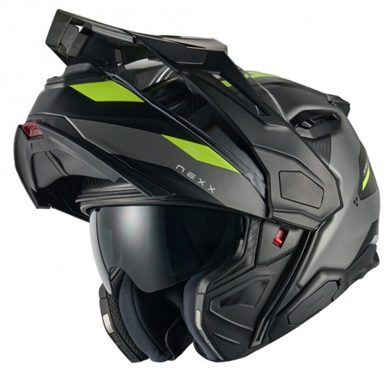 Apverčiamas motociklininko šalmas "Nexx X.Lifecountry Terra" matinis pilkai geltonas