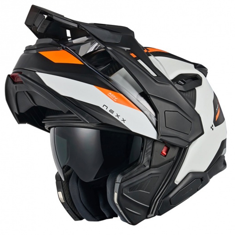Apverčiamas motociklininko šalmas "Nexx X.Lifecountry Terra" matinis baltai oranžinis