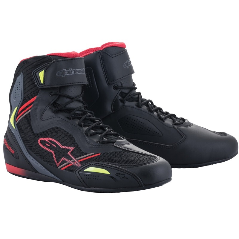 "Alpinestars Faster 3 Rideknit" juodai-raudoni-fluo geltoni-pilki motociklininko batai