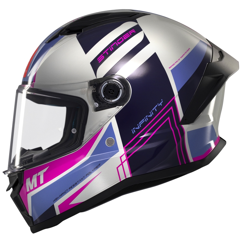 MT Stinger 2 Tron integralus motociklininko šalmas pilkai violetinės ir rožinės spalvos