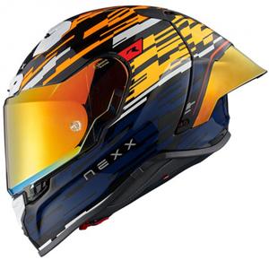 Integruotas motociklininko šalmas Nexx X.R3R Glitch Racer oranžinės-mėlynos spalvos