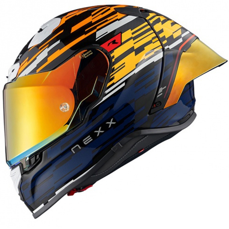 Integruotas motociklininko šalmas Nexx X.R3R Glitch Racer oranžinės-mėlynos spalvos