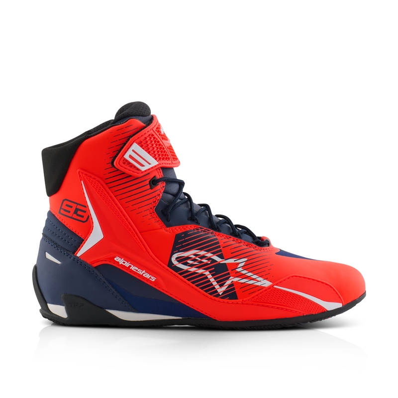 Alpinestars Faster-4 collection MM93 fluo raudonos-mėlynos-baltos spalvos motociklininko batai