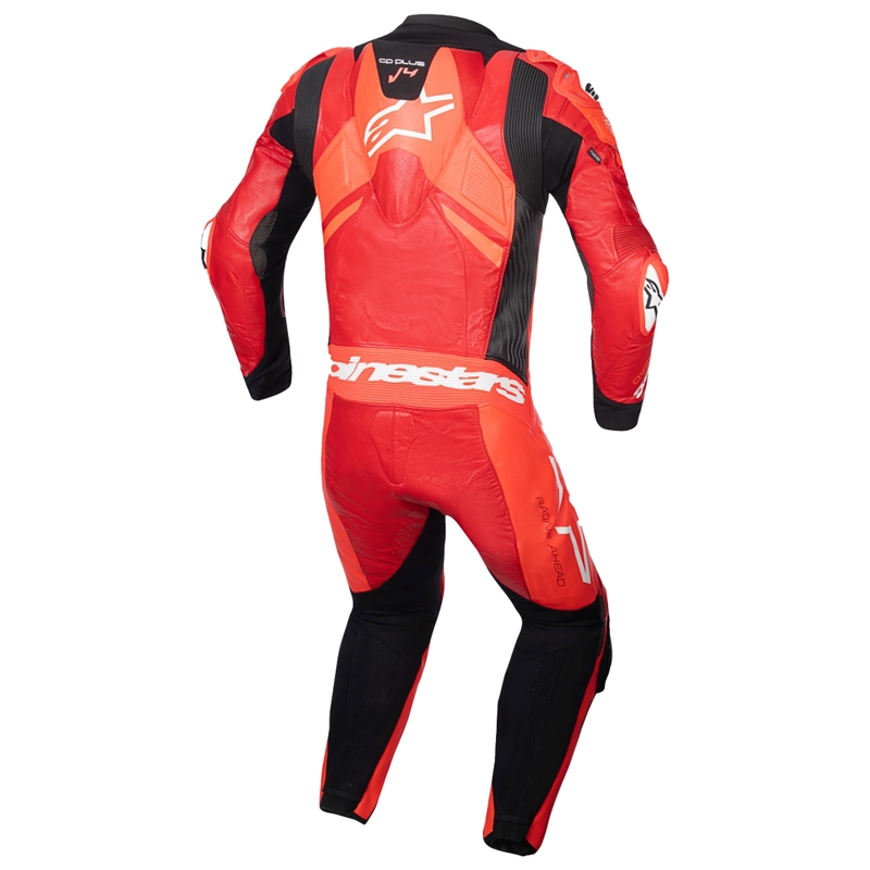 "Alpinestars GP Plus V4 Sprint", "Tech-air" suderinamas fluoro raudonos, raudonos, baltos ir juodos spalvų vientisas odinis motociklininko kostiumas