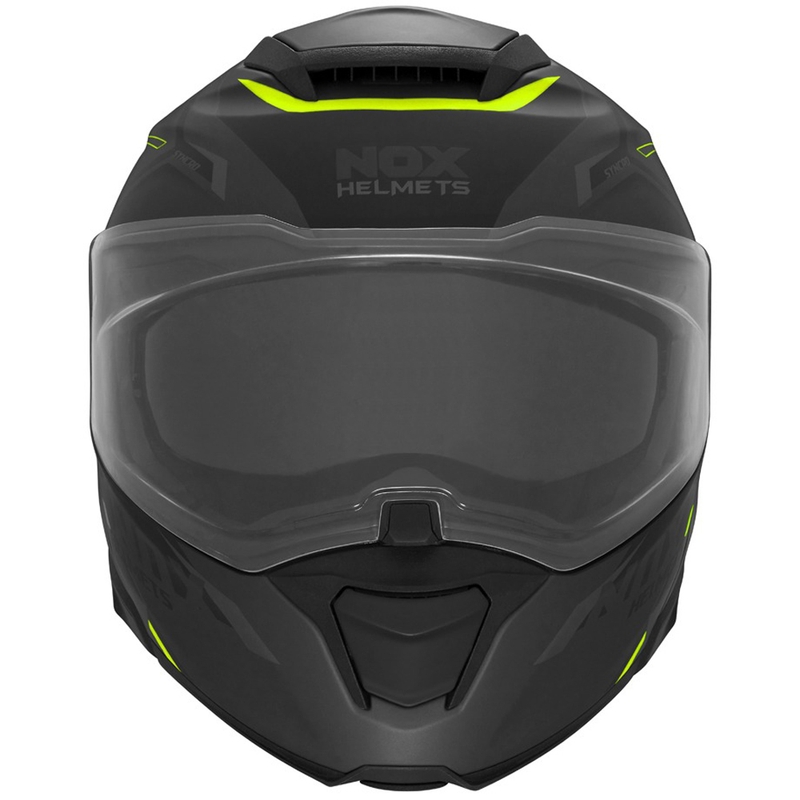 Atlenkiamas motociklo šalmas NOX N967 Synchro matinės juodos-fluorescencinės geltonos spalvos