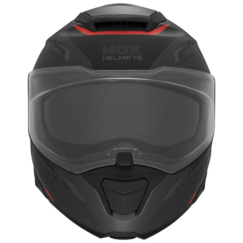 Atlenkiamas motociklo šalmas NOX N967 Synchro matinės juodos-raudonos spalvos
