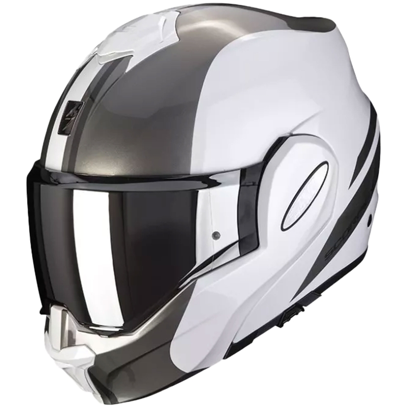 Sulankstomas motociklininko šalmas Scorpion EXO-TECH FORZA pearl white-silver