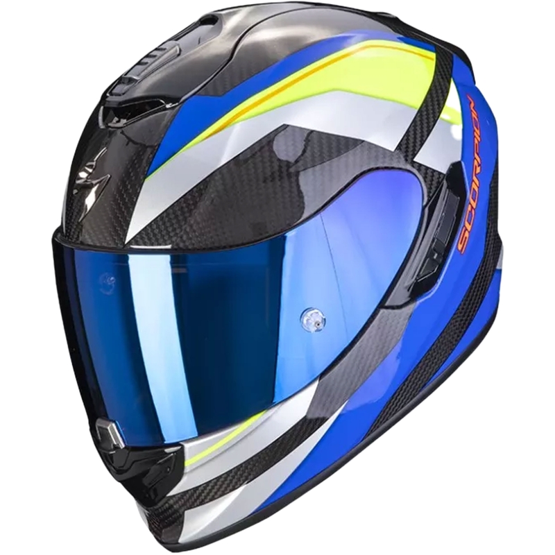 Integruotas motociklininko šalmas Scorpion Exo-1400 Carbon Air Legione blue-fluo yellow