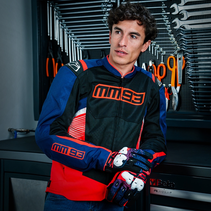 Alpinestars T-SPS Air V2 MM93 collection fluo raudona-mėlyna-juoda-balta motociklininko striukė