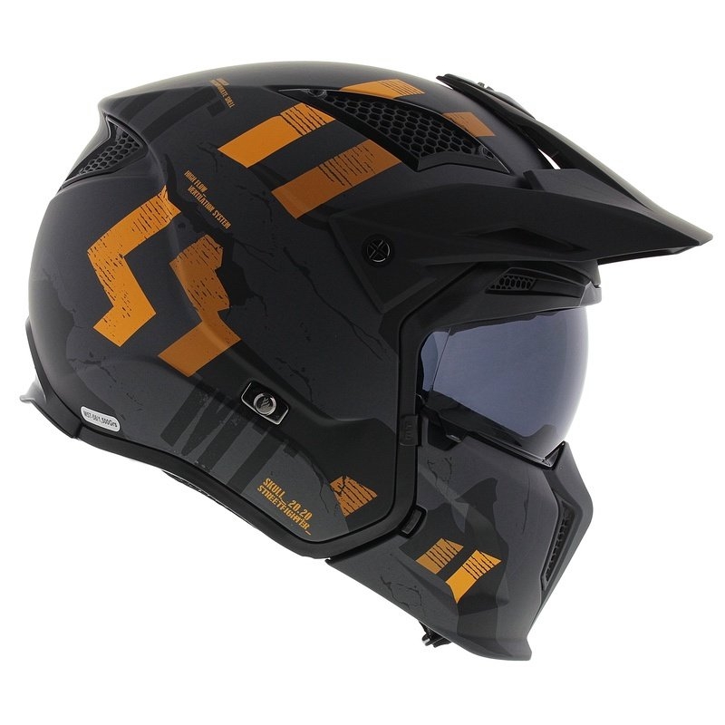 Atviras šalmas su kauke MT Streetfighter SV S Skull A12 pilkai oranžinės spalvos su iridžio skydeliu