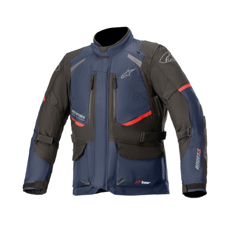 "Alpinestars Andes Drystar" tamsiai mėlyna-juoda-juoda-raudona motociklininko striukė