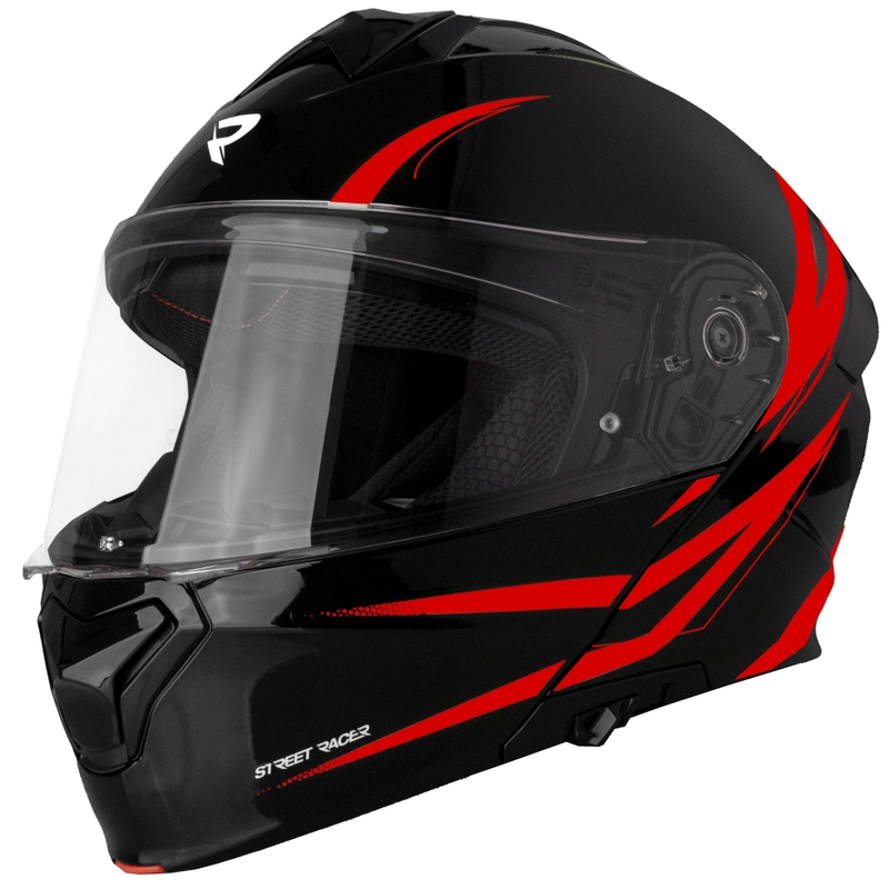 Atverčiamas šalmas motociklui Street Racer Fury juodas-raudonas - II klasė