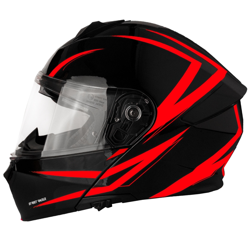 Atverčiamas šalmas motociklui Street Racer Fury juodas-raudonas - II klasė