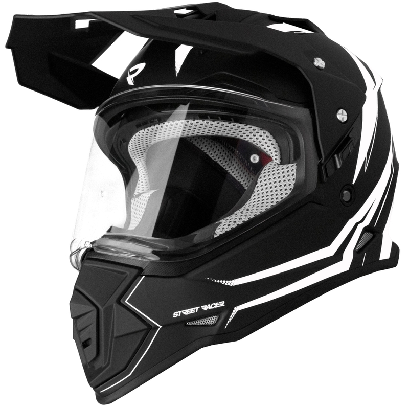 Enduro motociklininko šalmas Street Racer Ignite matinis juodai baltas - II. kokybė