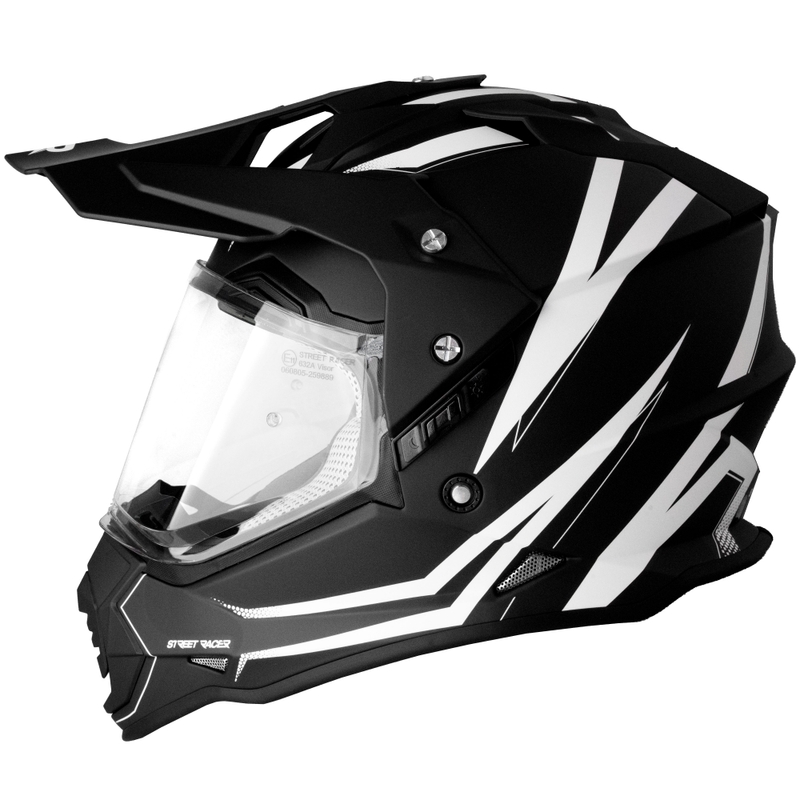 Enduro motociklininko šalmas Street Racer Ignite matinis juodai baltas - II. kokybė