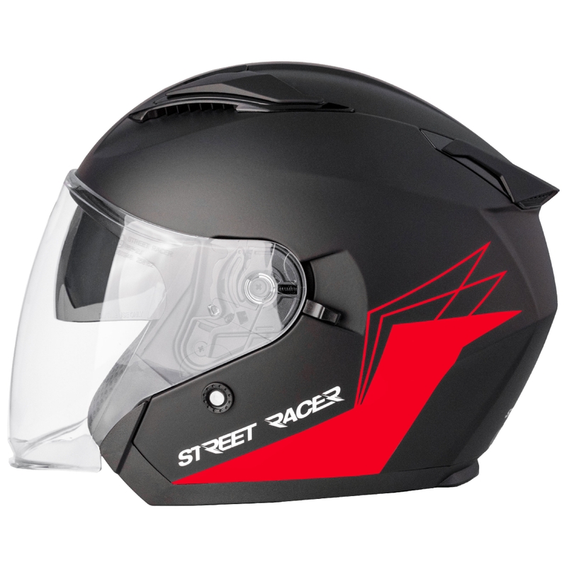 Atviras motociklininko šalmas Street Racer Sonic matinis juodai raudonas - II. kokybė