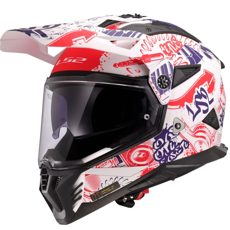 Enduro motociklininko šalmas LS2 MX702 Pioneer II Fantasy balta-raudona-mėlyna