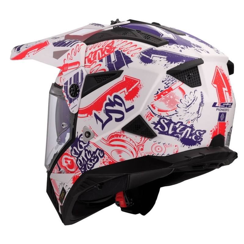 Enduro motociklininko šalmas LS2 MX702 Pioneer II Fantasy balta-raudona-mėlyna
