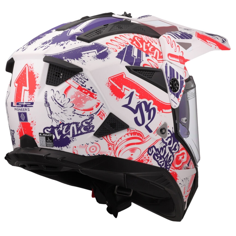 Enduro motociklininko šalmas LS2 MX702 Pioneer II Fantasy balta-raudona-mėlyna