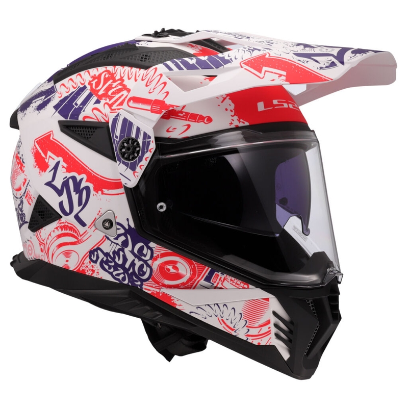 Enduro motociklininko šalmas LS2 MX702 Pioneer II Fantasy balta-raudona-mėlyna