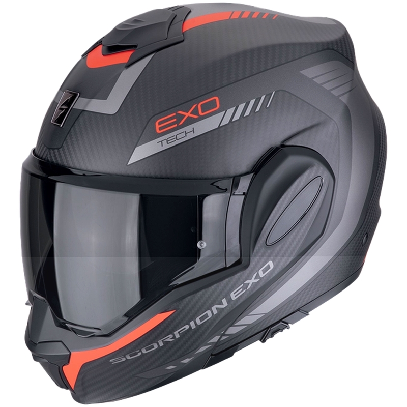 Sulankstomas motociklininko šalmas Scorpion EXO-TECH EVO CARBON COSY matinis juodai raudonas