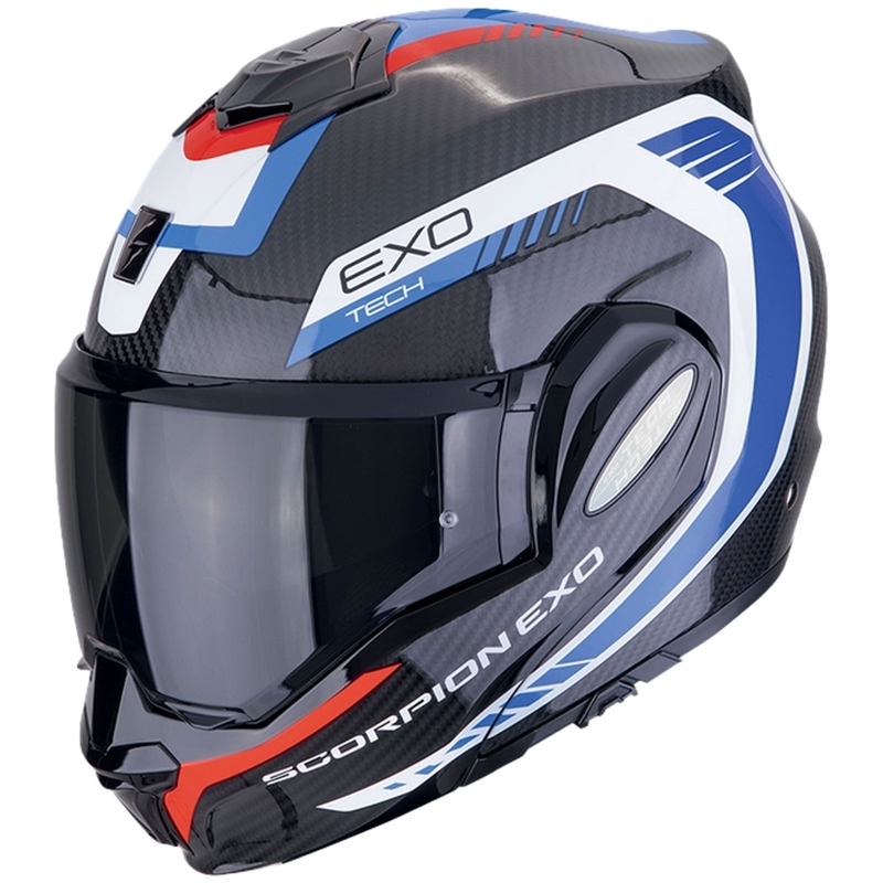Sulankstomas motociklininko šalmas Scorpion EXO-TECH EVO CARBON COSY juoda-mėlyna-raudona