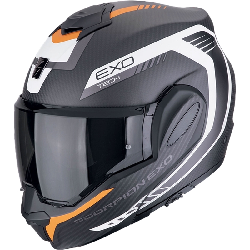Sulankstomas motociklininko šalmas Scorpion EXO-TECH EVO CARBON COSY matinis juodai oranžinis