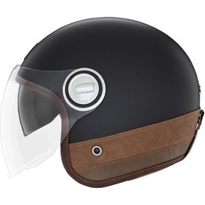 Atviras motociklininko šalmas NOX PREMIUM Heritage matinės juodos spalvos su ruda oda