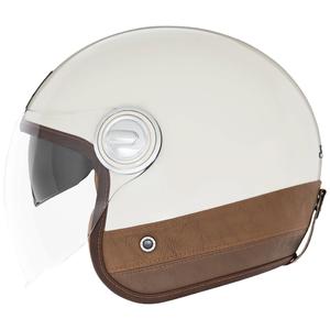 Atviras motociklininko šalmas NOX PREMIUM Heritage kreminės baltos spalvos su ruda oda