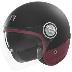 Atviras motociklininko šalmas NOX PREMIUM Heritage matinės juodos spalvos su raudona oda