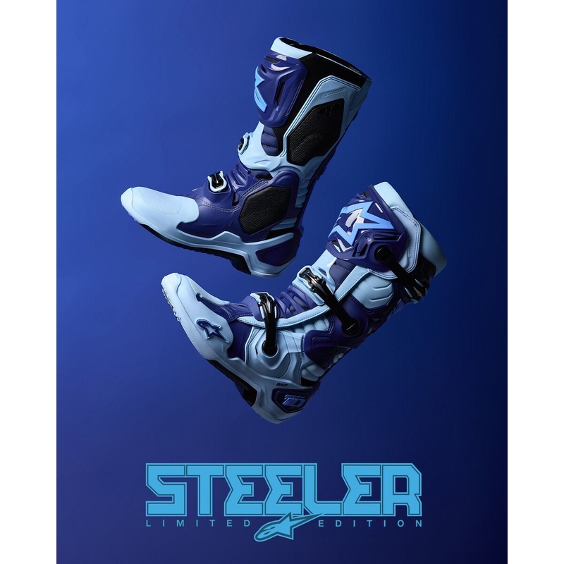 Riboto leidimo "Alpinestars Tech 10 Steelers" mėlyni ir šviesiai mėlyni motociklininko batai