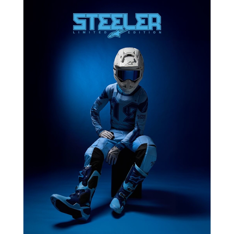 Riboto leidimo "Alpinestars Tech 10 Steelers" mėlyni ir šviesiai mėlyni motociklininko batai