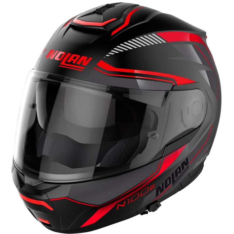 Nolan N100-6 Surveryor N-COM 21 juodos ir raudonos spalvos apverčiamas motociklininko šalmas