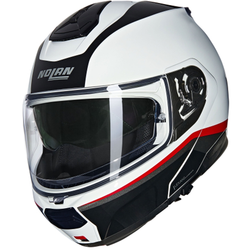 Apverčiamas motociklininko šalmas Nolan N100-6 Incognito N-COM 344 balta-juoda-raudona