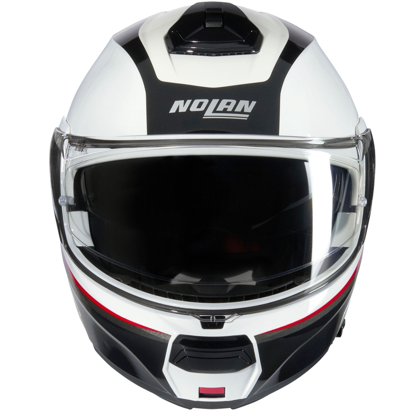 Apverčiamas motociklininko šalmas Nolan N100-6 Incognito N-COM 344 balta-juoda-raudona