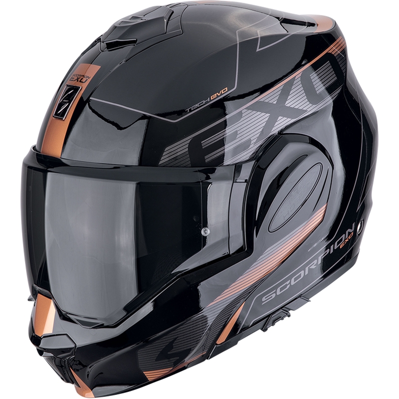 Sulankstomas motociklininko šalmas Scorpion EXO-TECH EVO TRAVELLER juodas-varinis