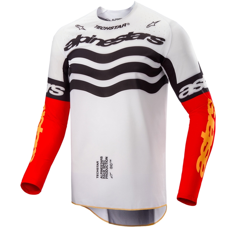 "Alpinestars Techstar" riboto leidimo "Deep black-white-fluo red-orange" motokroso marškinėliai