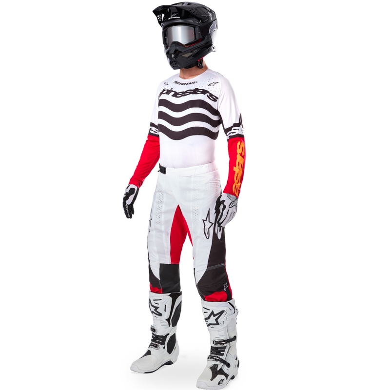 "Alpinestars Techstar" riboto leidimo "Deep black-white-fluo red-orange" motokroso marškinėliai