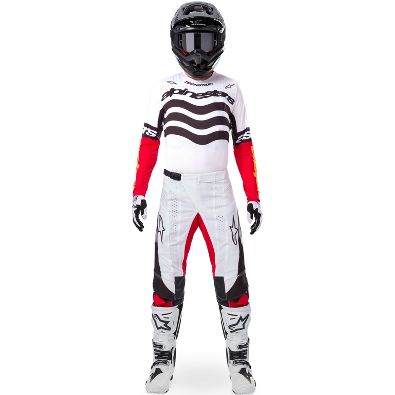 "Alpinestars Techstar" riboto leidimo "Deep black-white-fluo red-orange" motokroso marškinėliai