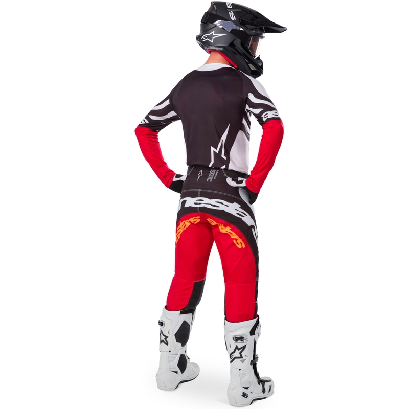 "Alpinestars Techstar" riboto leidimo "Deep black-white-fluo red-orange" motokroso marškinėliai