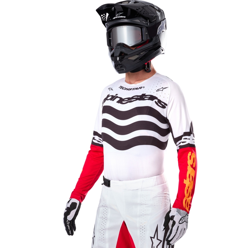 "Alpinestars Techstar" riboto leidimo "Deep black-white-fluo red-orange" motokroso marškinėliai