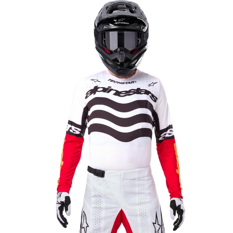 "Alpinestars Techstar" riboto leidimo "Deep black-white-fluo red-orange" motokroso marškinėliai
