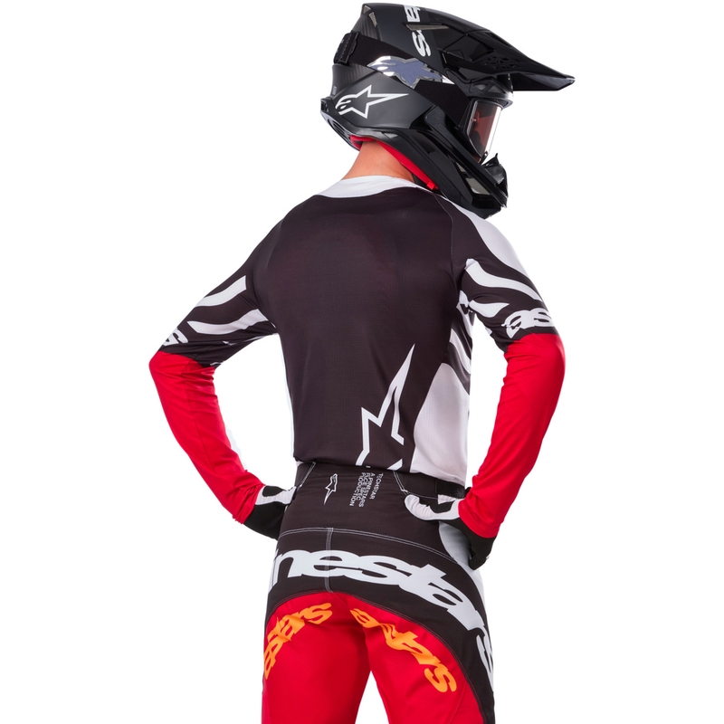 "Alpinestars Techstar" riboto leidimo "Deep black-white-fluo red-orange" motokroso marškinėliai