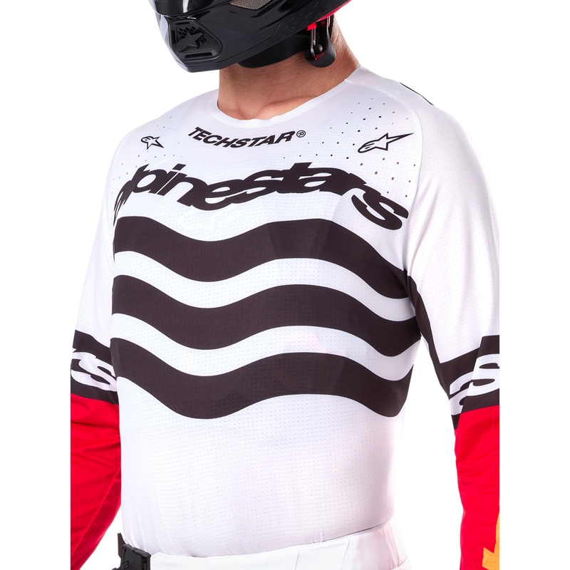 "Alpinestars Techstar" riboto leidimo "Deep black-white-fluo red-orange" motokroso marškinėliai