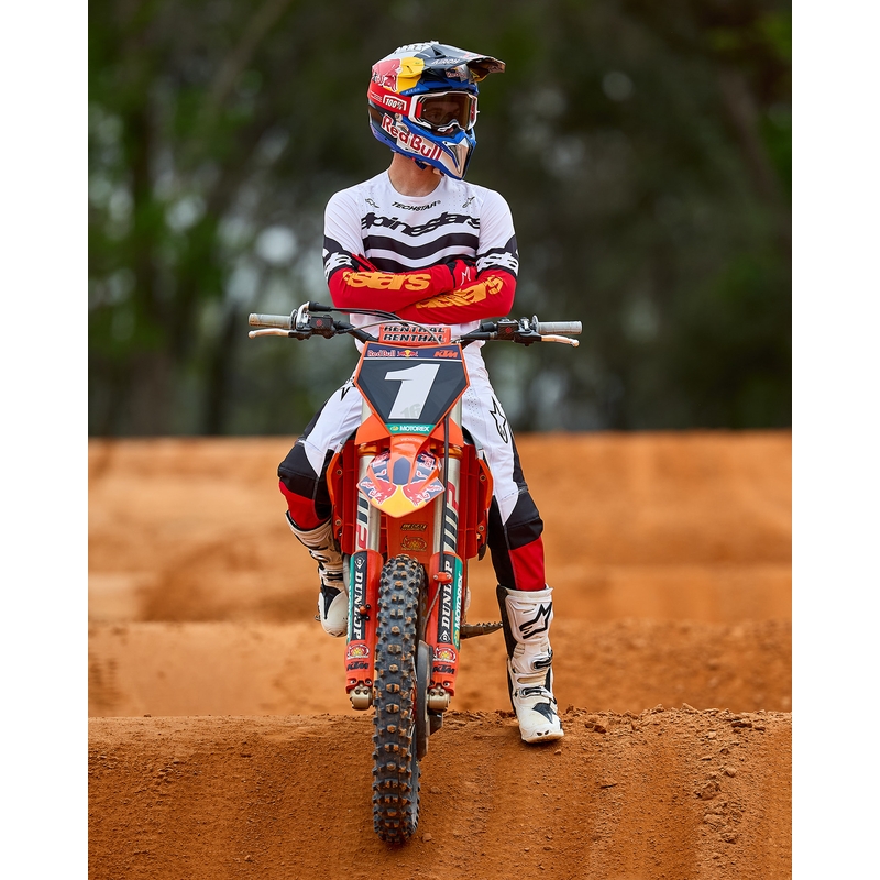 "Alpinestars Techstar" riboto leidimo "Deep black-white-fluo red-orange" motokroso marškinėliai