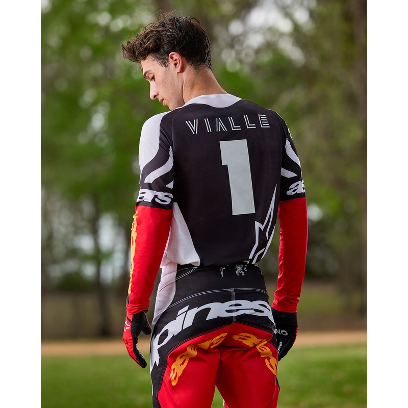 "Alpinestars Techstar" riboto leidimo "Deep black-white-fluo red-orange" motokroso marškinėliai