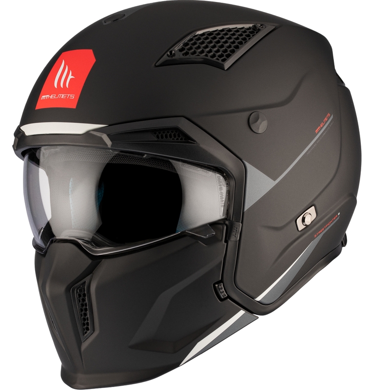 MT Streetfighter SV S Solid A1 atviro veido šalmas su kauke juodas matinis