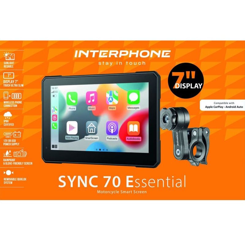 „Interphone SYNC70 ESSENTIAL“ su „Apple CarPlay“ ir „Android Auto“ ekranu motociklams