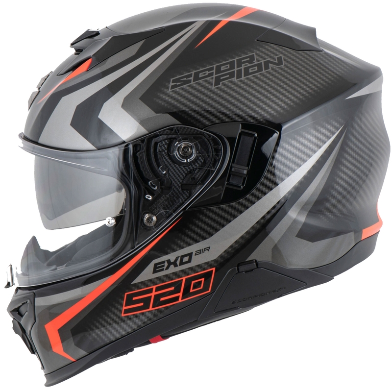 Integruotas motociklininko šalmas Scorpion EXO-520 EVO AIR TERRA juodas-sidabrinis-raudonas išpardavimas