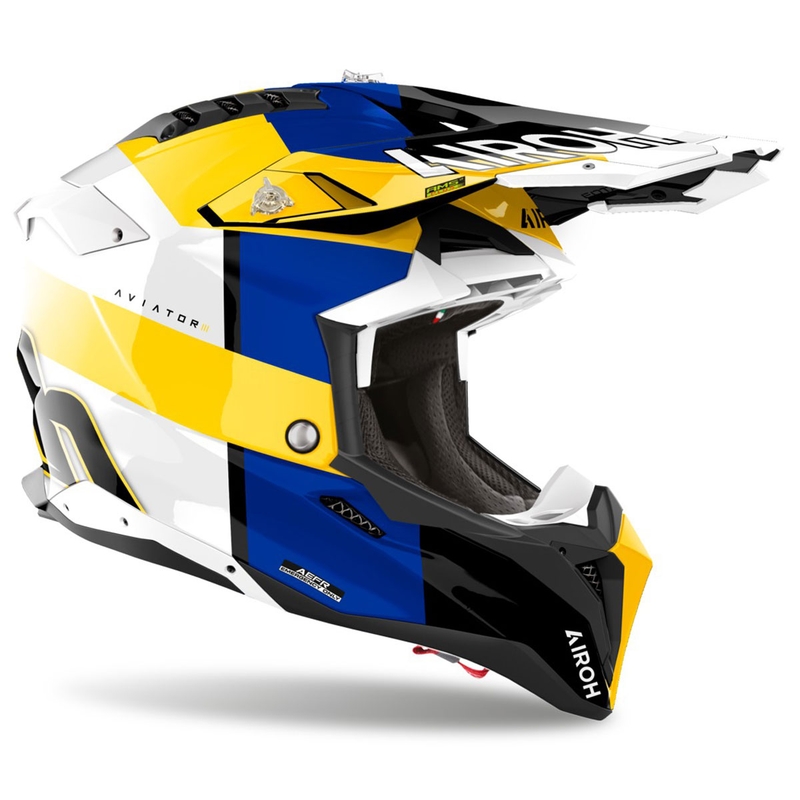 Motokroso šalmas "Airoh Aviator 3 Monarch" mėlynai geltonas blizgus